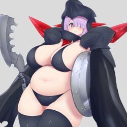 1girls @_@ armor big_breasts bikini bikini_bottom bikini_top blush breasts bullet_knights_executioner cape chubby chubby_female eyebrows_visible_through_hair female female_focus female_only gradient_eyes grey_background hair_over_one_eye helmet holding_object large_breasts looking_at_viewer low-angle_view megami_device multicolored_eyes purple_eyes purple_hair shield short_hair simple_background solo subten swirly_eyes thick_thighs thighhighs thighs weapon yellow_eyes