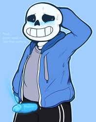 animated_skeleton blue_penis bone clothed clothing english_text frindle humanoid_penis male male_only penis sans skeleton solo text undead undertale video_games