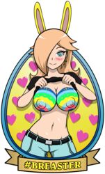 1girls big_breasts blonde_hair blue_eyes blush bodypaint border breaster breasts clothing colored earrings easter easter_breasts female female_only front_view holidays isaac-grim jeans lifted_by_self looking_at_viewer mario_(series) navel nintendo nipples pants princess_rosalina shirt shirt_lift smile solo standing text transparent_background