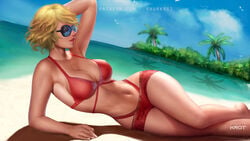 1girls beach bikini blonde_hair bra breasts cindy_aurum cleavage female female_only final_fantasy final_fantasy_xv large_breasts pinup shurakrgt solo sunglasses