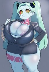 ai_generated bouncing_breasts bursting_breasts cyberpunk:_edgerunners cyberpunk_2077 gigantic_breasts glare large_areolae large_nipples lethalai midget novelai office_lady pale_skin rebecca_(edgerunners) red_eyes shortstack teal_hair thick_thighs twintails white_skin wide_hips