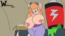 animated anthro big_breasts blonde_hair blue_eyes breast_growth breasts chemicals chip_'n_dale_rescue_rangers clothed clothing disney female gadget_hackwrench growth hair hand_on_breast holding_breast huge_breasts loop mammal mouse murid murine nipples nude rodent short_playtime simple_background solo tail thick_thighs topless wolfbaloo