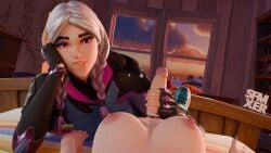 1futa 1girls 3d female fortnite futa_on_female futanari girl_on_futa hand_job hand_support laying_on_bed looking_at_viewer on_bed pink_eyes pov pov_futa smiling torin_(fortnite) twintails white_hair