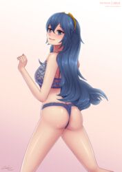 ass blue_eyes blue_hair blush bra fire_emblem fire_emblem_awakening large_breasts long_hair lucina_(fire_emblem) panties simple_background small_breasts smile thong tiara underwear zelc-face