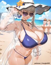 3girls ai_generated ann_takamaki ass atlus bikini blonde_hair breasts brown_hair cleavage dat_ass female haru_okumura hips huge_ass huge_breasts light-skinned_female light_skin lucyla merope_(persona) persona persona_5 persona_5:_the_phantom_x thick_thighs thighs wide_hips