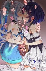 3girls blue_dress blue_eyes blue_hair blue_streak blush bronya_zaychik bronya_zaychik_(herrscher_of_truth) closed_eyes drill_hair eyebrows_visible_through_hair flower grey_hair hair_ornament hair_ribbon holding_hands honkai_impact_3rd interlocked_fingers japanese_text kissing kneeling long_hair multicolored_hair on_bed on_knees onomatopoeia pink_hair pxz_(ansony9898) rozaliya_olenyeva seele_vollerei seele_vollerei_(stygian_nymph) short_hair tongue_kiss tongue_out walking_in_on white_bed_sheet white_dress white_leggings white_thighhighs white_tights yuri