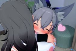 2girls 3d 3d_(artwork) animal_ears blush embrace flyingcookie fox_ears fox_girl gray_hair happy heart honkai:_star_rail honkai_(series) hug koikatsu purple_hair silver_wolf_(honkai:_star_rail) stelle_(honkai:_star_rail) trailblazer_(honkai:_star_rail) wholesome