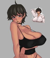 1girls 2025 2d_artwork ahoge arm_under_breasts bare_shoulders belly belly_button black_choker black_panties black_shirt black_topwear blush blushing_at_viewer borrowed_character braless breasts brown_hair brown_hair_female busty busty_female choker earring emo emo_girl exposed_belly exposed_belly_button female female_focus female_only form_fitting goth_milf gothic_girl grey_background grey_eyes hi_res huge_boobs huge_breasts jewelry march_(month) milf mommy_milkers naoki_hanna no_bra no_bra_under_clothes no_sex ocerius older_female panties reference_image sagging_breasts saggy_breasts scantily_dressed shirt short_hair short_hair_female silver_earring silver_jewelry simple_background spaghetti_strap sultry sultry_eyes sultry_gaze sweat sweat_on_face sweating sweating_female tan-skinned_female tan_skin tan_skinned_female tanned_female tight_fit tight_topwear topwear truelordpotato twitter twitter_user_oc