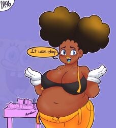 afro_puffs belly big_breasts big_thighs chubby chubby_belly chubby_female cleavage daisykitty96 dark-skinned_female dialogue fat female female_only melody_(daisykitty96) overalls solo speech_bubble stuffed_belly wrapper