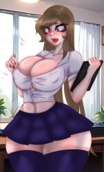 big_breasts big_thighs blush buttons cleavage holding_object long_hair microskirt open_mouth original_character school_uniform sophie_queen11 stockings surprised surprised_expression thick_thighs uniform