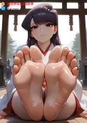 ai-created ai_generated ass bangs bare_legs barefoot black_eyes black_hair blush breasts closed_mouth clothing feet feet_towards_viewer female female_only foot_focus foreshortening high_resolution indoors kimono komi-san_wa_komyushou_desu komi_shouko legs light-skinned_female light_skin long_hair looking_at_viewer miko nail_polish nofuckinggame pov_feet purple_eyes purple_hair robe sitting soles solo thighs toenail_polish toenails toes traditional_clothes wafuku white_kimono