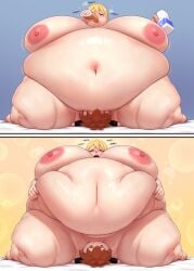 better_with_salt breasts eating excited face_on_pussy fairy_tail fat fat_belly fat_breasts fat_female fat_rolls gigantic_belly gigantic_breasts heterosexual holding_belly hyper_fat lucy_heartfilia morbidly_obese overweight plush ssbbw ussbbw