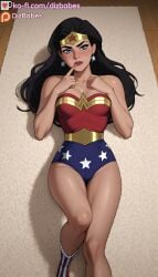 1girls ai_generated black_hair blue_eyes dc_comics dcau dizbabes earrings female finger_on_lip looking_at_viewer lying on_back stable_diffusion star_earrings tiara wonder_woman