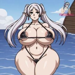 1:1 1girl 1girls beach big_breasts big_butt bikini crossed_legs earrings elf elf_ears frieren friki8otaku hands_behind_back huge_breasts huge_butt long_hair micro_bikini nipple_bulge nipple_outline presenting_breasts red_earrings silver_hair solo_female sousou_no_frieren tagme thick_thighs thighs twintails venus_body