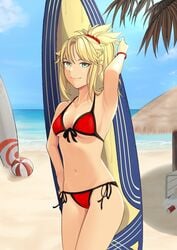 1girls armpits arms_up athletic athletic_female bangs bare_arms bare_shoulders beach beach_ball bikini blonde_hair braid braided_hair breasts collarbone cowboy_shot day fate/grand_order fate_(series) female female_focus female_only front-tie_top front_view green_eyes hair_between_eyes high_ponytail highres looking_at_viewer medium_breasts midriff mordred_(fate) mordred_(swimsuit_rider) navel outdoors pale-skinned_female pale_skin ponytail posing quatthro red_bikini scrunchie smile solo stomach string_bikini sweat swimsuit thighs wet