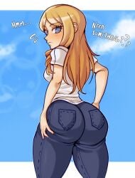 behind big_ass blonde_hair blue_eyes bubble_ass bubble_butt danganronpa danganronpa_another fanganronpa fat_ass female groping_ass groping_self jeans long_hair maki_kiyoka only_female raydeluxxxe text