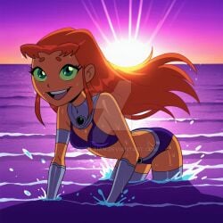 2025 archelaian bikini cartoon_network dc_comics dc_super_hero_girls meta purple_bikini starfire starfire_(teen_titans) sunbathing wet wet_body wetting