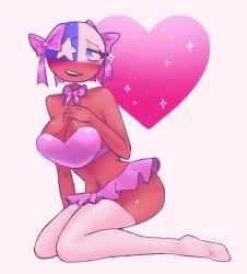 1girls ass big_ass big_breasts big_butt blue_eyes blush breasts chile_(countryhumans) closed_mouth closed_smile countryhumans countryhumans_girl female female female_only girl heart heart_symbol miniskirt no_humans no_sex no_visible_genitalia one_eye_covered one_eye_obstructed one_eye_visible pink_background pink_clothes pink_clothing pink_panties pink_ribbon red_body red_skin redraw ribbon ribbon_in_hair...? ribbons simple_background sitting sitting_down sitting_on_floor skirt star star_(symbol)