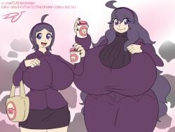 2024 beta_hex_maniac black_skirt blouse bottle_of_milk breasts_bigger_than_head breasts_bigger_than_torso clothed clothed_female clothing djthepokemen dress gigantic_breasts headband hex_maniac holding_bottle huge_breasts light-skinned_female light_skin light_skinned_female long_hair medium_hair nail_polish nintendo npc_trainer pokemon purple_blouse purple_dress purple_eyes purple_hair purple_headband purple_nail_polish purple_nails skirt