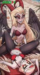 2girls ai_generated beach charlie_morningstar_(hazbin_hotel) ends34 female female_only hazbin_hotel horns lesbian_sex lilith_morningstar_(hazbin_hotel) long_hair medium_breasts yuri