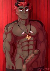 1boy abs bara big_penis boner brown_hair cum dark-skinned_male dark_skin erection gay kiawe_(pokemon) male_only muscles muscular muscular_male nintendo nipples penis pokemon pokemon_sm pubic_hair solo solo_male text veins veiny_penis watermark wolf_con_f yaoi