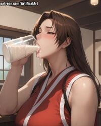 1girls ai_generated artifical_art asian_female blush brown_eyes brown_hair cum_drinking cum_in_mouth dripping dripping_cum dripping_semen female hair_ribbon high_ponytail japanese_clothes king_of_fighters long_hair mai_shiranui open_mouth perfect_body semen_in_mouth solo street_fighter street_fighter_6