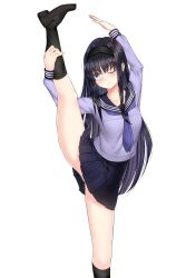 1girls absurdres arms_up black_hair black_socks blue_eyes blush collarbone commentary_request female frown hair_between_eyes hairband highres i.f.s.f kneehighs leg_hold leg_lift loafers long_hair looking_at_viewer neckerchief one_eye_closed panties pantyshot pleated_skirt sailor_collar school_uniform serafuku shiny_skin shoes sidelocks simple_background skirt socks solo split spread_legs standing standing_on_one_leg standing_split tohno_akiha tsukihime underwear very_long_hair