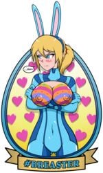 1girls angry annoyed arms_under_breasts ass_visible_through_thighs beauty_mark big_breasts blonde_hair blue_eyes blushing bodypaint bodysuit border breaster breasts covered_navel crossed_arms dialogue easter easter_breasts embarrassed exposed_breasts fake_animal_ears female female_only front_view holidays isaac-grim looking_away metroid nintendo nipples ponytail pout samus_aran speech_bubble standing text torn_clothes transparent_background white_outline zero_suit_samus