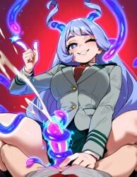 1girl ai_generated blazer blue_eyes blue_hair blush breasts female horns large_breasts long_hair looking_at_viewer my_hero_academia necktie nejire_hado one_eye_closed rakugens skirt smile tentacles u.a._school_uniform