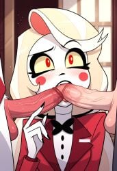 ai ai_generated anime_style anthro black_bowtie blonde_hair blowjob blush charlie_morningstar_(hazbin_hotel) detailed_shading erect_penis fellatio female humanoid indoors large_penis long_hair multiple_penises red_blazer red_eyes seductive sexual_content sucking sucking_penis white_hair window_background