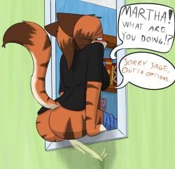 anthro anthromorph ass ass_out blush clothed clothing feline feline_humanoid female furry martha_(notmypornaccount) notmypornaccount omorashi original original_character original_characters peeing peeing_outside public_exposure public_indecency public_urination sage_(notmypornaccount) tiger unseen_character urinating urinating_female urination urine watersports window