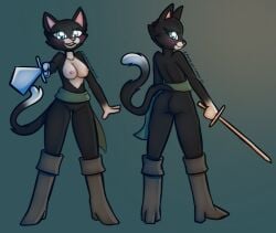 anthro ass azureberry boots breasts clothing domestic_cat dreamworks felid feline felis female footwear genitals kitty_softpaws mammal melee_weapon nude puss_in_boots_(franchise) shoes solo sword weapon zanibuns