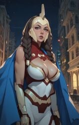 adult adult_female ai ai_generated blue_eyes brown_hair cartoon cartoon_character cleavage eepol invincible invincible_(tv_series) looking_at_viewer superheroine war_woman yuri