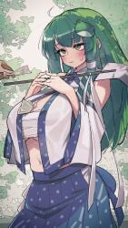 1girls :3 big_breasts blush blush breasts breasts cleavage crop_top detached_sleeves green_eyes green_hair hair_ornament hair_tubes huge_breasts kashu_(hizake) kochiya_sanae large_breasts long_hair midriff miko money navel prostitution sanae_kochiya sarashi shrine_maiden skirt touhou underboob