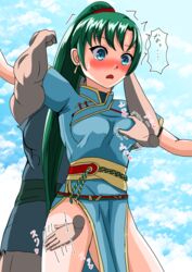 1girls bare_thighs blue_eyes blush captured embarrassed fire_emblem fire_emblem:_the_blazing_blade green_hair groping groping_breasts groping_thighs heavy_blush japanese_text large_breasts lyn_(fire_emblem) nintendo open_mouth ponytail restrained sweat sweatdrop text translation_request y_kotohira