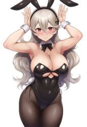 1girls ai_generated bunny_ears bunny_girl bunnysuit cleavage corrin_(fire_emblem) corrin_(fire_emblem)_(female) embarrassed fake_animal_ears fire_emblem fire_emblem_fates fishnets grey_hair large_breasts looking_at_viewer nintendo pointy_ears pyo_3300 red_eyes thick_thighs thighs wide_hips