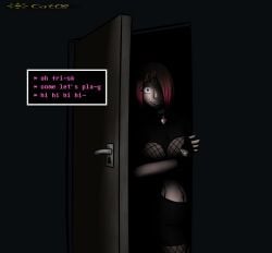 bete_noire betty_noire brown_hair chaoscat08 dialogue dialogue_box door glitchtale pink_eyes pink_hair short_hair smiling underlust