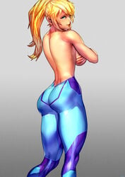 1girls 2019 ass big_ass big_breasts blonde_hair blue_eyes breasts covering covering_breasts female female_only female_protagonist looking_at_viewer looking_back metroid nintendo pony_tail ponytail samus_aran sideboob smiling_at_viewer solo suggestive_look thick_thighs tights topless xdtopsu01