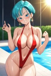 2025 ai_generated blue_eyes bulma_(dragon_ball) bulma_briefs dragon_ball dragon_ball_ai_galery koei light_blue_hair looking_at_viewer meta pool red_swimsuit smile smile_at_viewer toonami wet