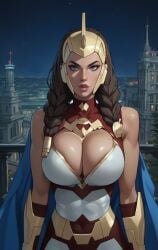 adult adult_female ai ai_generated blue_eyes brown_hair cartoon cartoon_character cleavage eepol invincible invincible_(tv_series) looking_at_viewer superheroine war_woman yuri