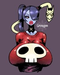 big_breasts big_lips bimbo_lips bimbofication blue_hair blue_skin bratty curvaceous gooning gremiyun huge_breasts large_breasts oppai pinup prostitution red_eyes red_lipstick red_sweater skull skullgirls squigly sweater