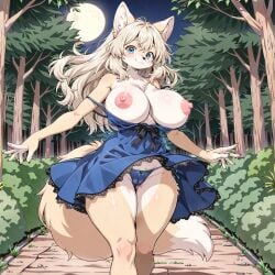 ai_generated blue_dress blue_eyes blue_panties breasts_out claire_(fox_girl) cream_fur erect_nipples fox_ears fox_girl fox_humanoid fox_tail gunsmith576 huge_breasts lace_trim looking_at_viewer pale_blonde_hair puffy_nipples smiling updress