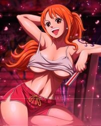 1girls alternate_version_available big_breasts breasts cosplay fatal_fury female female_only folding_fan huge_breasts king_of_fighters large_breasts long_hair mai_shiranui_(cosplay) nami one_piece orange_hair rakara11 shorts street_fighter street_fighter_6