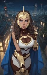 adult adult_female ai ai_generated blue_eyes brown_hair cartoon cartoon_character cleavage eepol invincible invincible_(tv_series) looking_at_viewer superheroine war_woman yuri