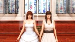 2girls 3d bedroom_eyes blue_eyes breasts brown_hair dead_or_alive dress hand_holding highres hitomi_(doa) kasumi_(doa) large_breasts multiple_girls red_hair sidelocks smile thepolterghost wedding wedding_dress