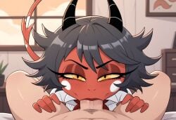 ai ai_generated anime_style bed black_horns blowjob blush deep_blowjob deepthroat demon_girl detailed_shading devil_tail erect_penis erotichris fantasy_character fellatio female helluva_boss indoors lin_(helluva_boss) male potted_plant red_skin seductive_expression short_black_hair sucking sucking_penis white_horns white_shirt window yellow_eyes