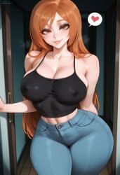 1girls ai_generated areolae arm_behind_back bangs bare_shoulders black_shirt bleach bleach:_the_thousand-year_blood_war blue_pants blush breasts brown_eyes brown_hair cheating_husbandinviting clavicle cleavage closed_mouth clothing cowboy_shot crop_top curvaceous curvaceous_female curvaceous_figure curvy curvy_figure denim door doorway erect_nipples female female female_focus female_only heart huge_breasts indoors inoue_orihime inviting inviting_to_sex jeans large_breasts lips long_hair looking_at_viewer mature_female midriff milf navel netorare nipples ntr open_door opening_door orange_hair pants pov_doorway presenting presenting_ass presenting_breasts presenting_hindquarters presenting_self randoai seductive seductive_look seductive_smile shiny shirt smile solo speech_bubble spoken_heart standing tank_top thick_thighs thighs tight voluptuous voluptuous_female web_address wide_hips