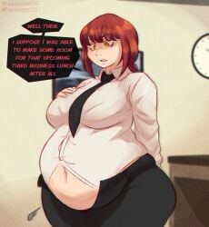 1girls bbw belly_overhang big_belly button_pop chainsaw_man deep_navel english english_text fat fat_ass fat_belly fat_female fat_fetish fat_thighs fat_woman female female_focus female_only hand_on_breast makima_(chainsaw_man) overweight overweight_female red_hair stuffed stuffed_belly sunsleptos t-shirt tight_clothes tight_clothing yellow_eyes