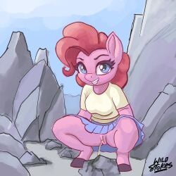 1:1 anthro blue_eyes bodily_fluids bottomwear clothed clothing crouching earth_pony equid equine eyelashes female friendship_is_magic fur genital_fluids genitals hasbro hi_res hooves horse looking_at_viewer mammal my_little_pony nature no_underwear outside peeing pink_body pink_fur pinkie_pie_(mlp) pony pussy rock rock_farm skirt smile solo urine urine_stream wild_strokes