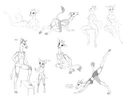 all_fours anthro breasts clothed clothing cloven_hooves coonkun dialogue digitigrade female fur giraffe giraffid hi_res hooves horn licking licking_lips looking_at_viewer mammal marsupial midriff multiple_images navel nipples nude open_mouth pussy sitting size_difference sketch_page smile spots spotted_fur tongue tongue_out underwear